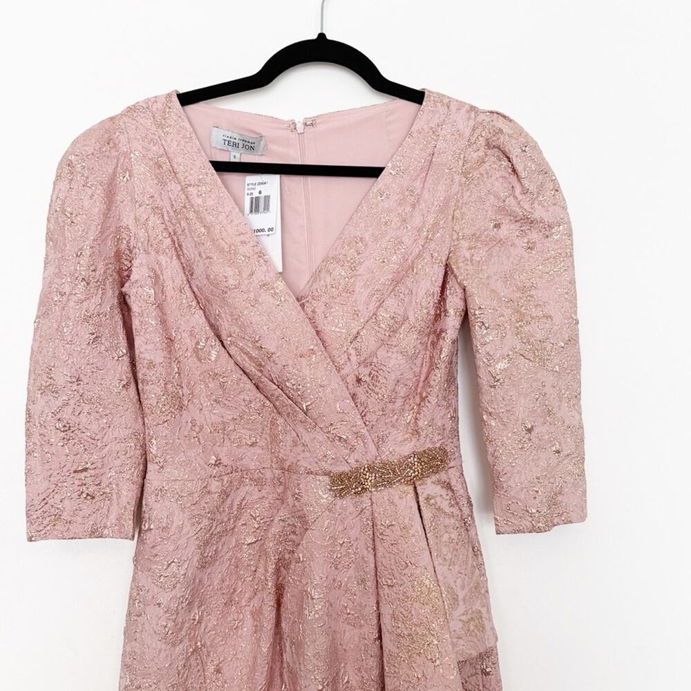 NWT Teri Jon 229041 Blush Peplum Stretch Metallic Jacquard Gown with Beads - Picture 3 of 10